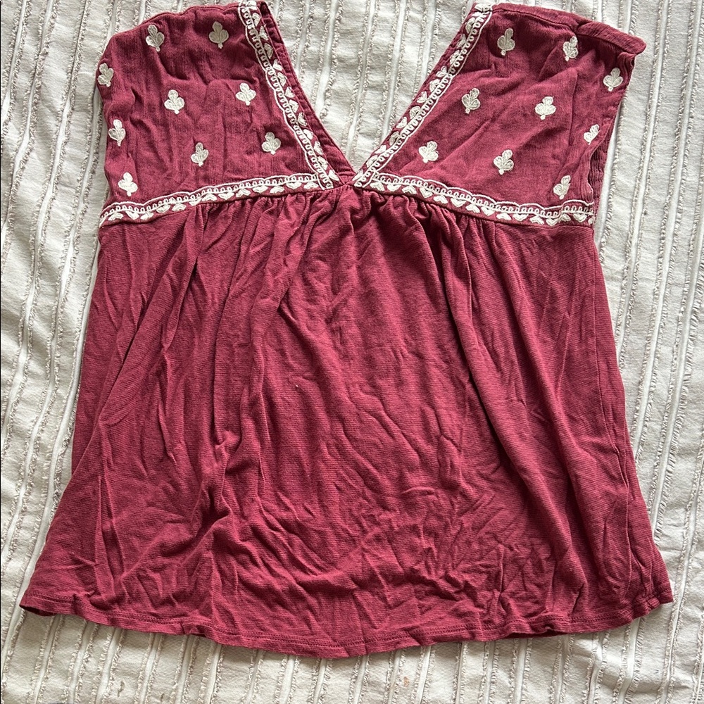 Lucky Brand Burgundy V-Neck Top with White Embroidery